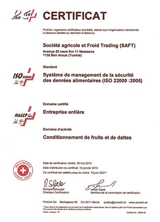Deglet Nour Tunisian Dates Certifications - SAFT Tunisian Dates Natural Branched